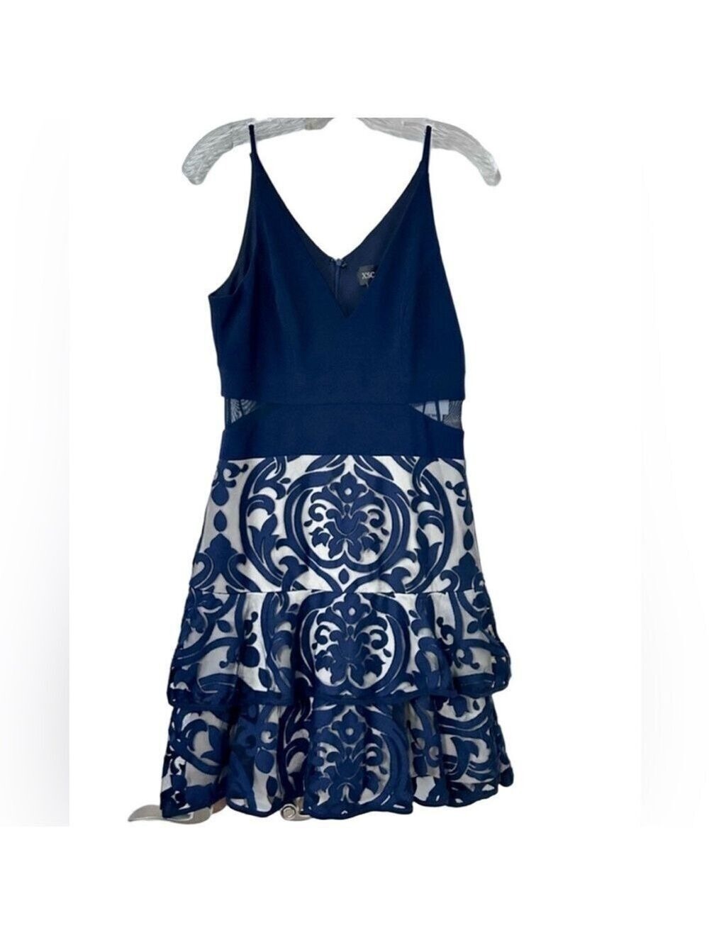 Xscape Navy Flocked Fit & Flare Cocktail Mini Dress Size 10 NWT